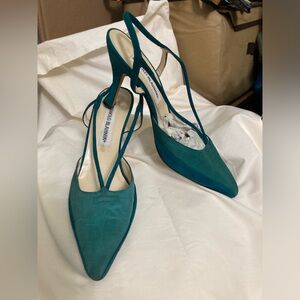 MANOLO BLAHNIK EUC Leather & Silk Slingbacks 6.5 Turquoise